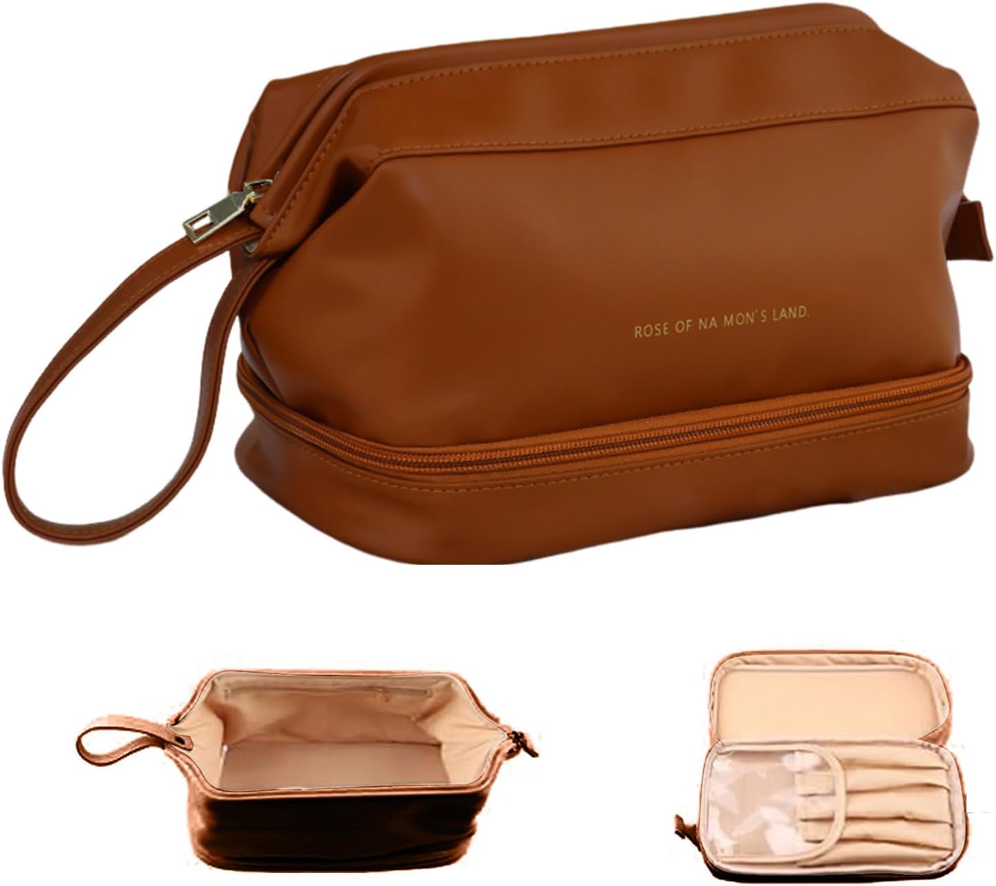Borsa da toilette in pelle marrone con cerniera, manico laterale e scomparti interni. Elegante e pratica per viaggi e organizzazione.
