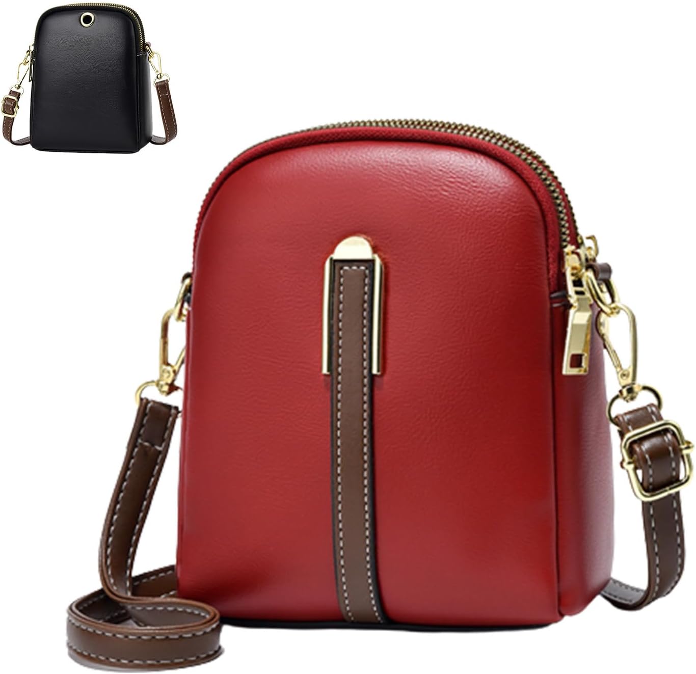 Borsa a tracolla in pelle rossa con cerniera dorata e dettagli marroni, design compatto. Include un modello nero. Accessorio moda elegante.