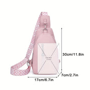 Zaino monospalla rosa in pelle PU, compatibile con iPad Mini 7.9 pollici, dimensioni 30x17x7 cm, tracolla regolabile con motivo geometrico.