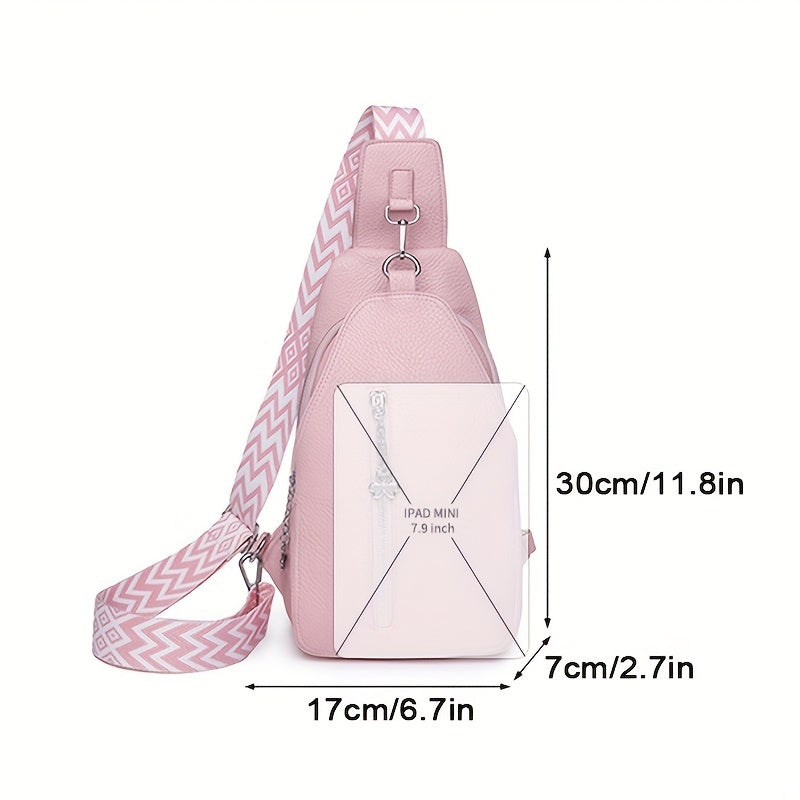 Zaino monospalla rosa in pelle PU, compatibile con iPad Mini 7.9 pollici, dimensioni 30x17x7 cm, tracolla regolabile con motivo geometrico.