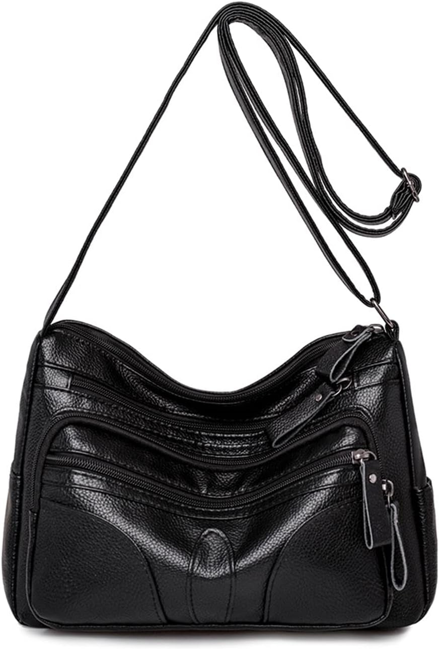 Borsa a tracolla in pelle nera con cerniere multiple, design elegante e pratico, ideale per donna. Accessorio moda versatile e resistente.
