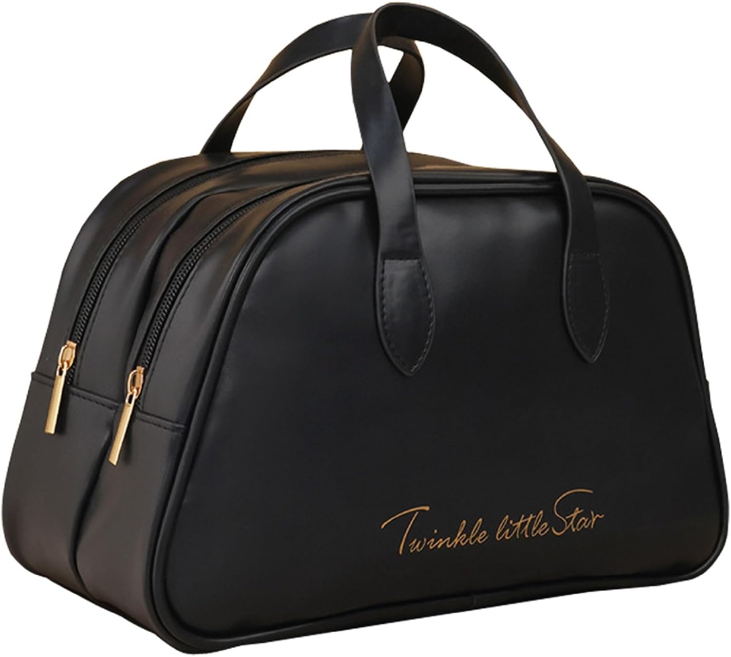 Borsa da viaggio nera in pelle sintetica con doppia cerniera e manici, scritta "Twinkle little Star" dorata. Elegante e spaziosa.