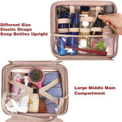 Beauty case da viaggio aperto con scomparti elastici per flaconi, spazzola e asciugamano. Design compatto, ideale per organizzare prodotti cosmetici.