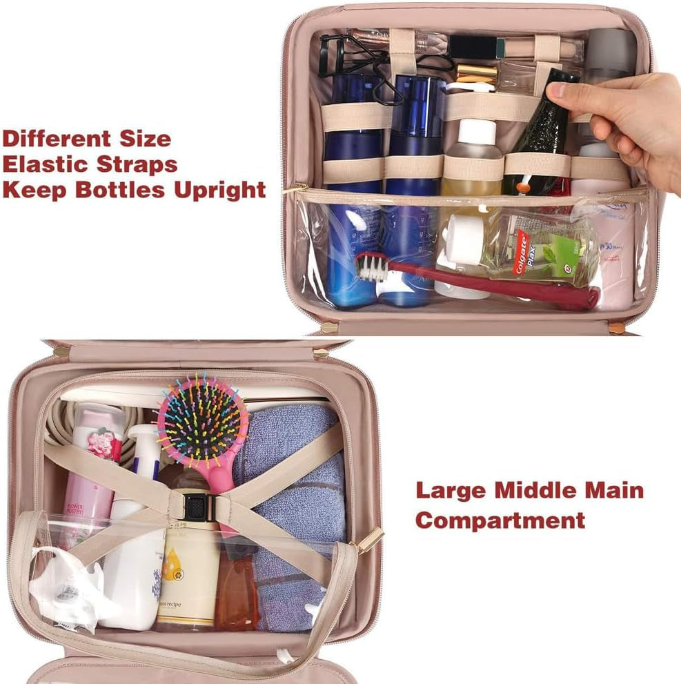 Beauty case da viaggio aperto con scomparti elastici per flaconi, spazzola e asciugamano. Design compatto, ideale per organizzare prodotti cosmetici.