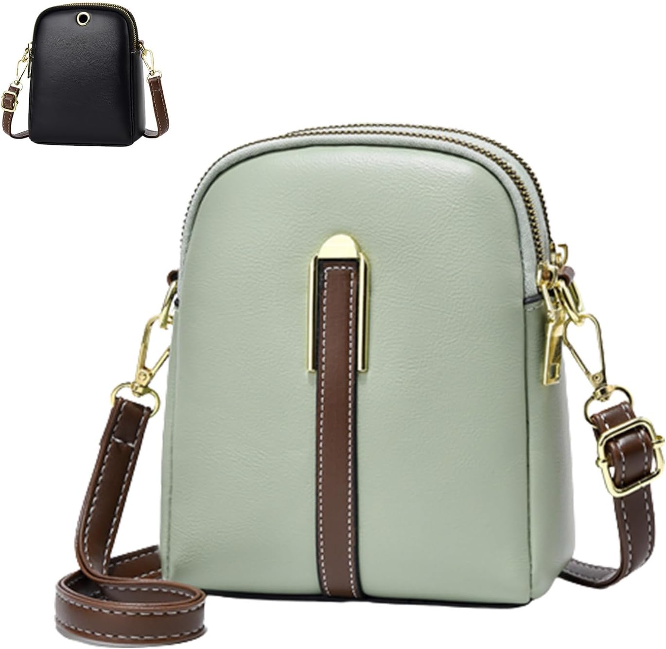 Borsa a tracolla in pelle verde con dettagli marroni e cerniera dorata, design compatto, elegante e versatile. Borsa nera simile sullo sfondo.