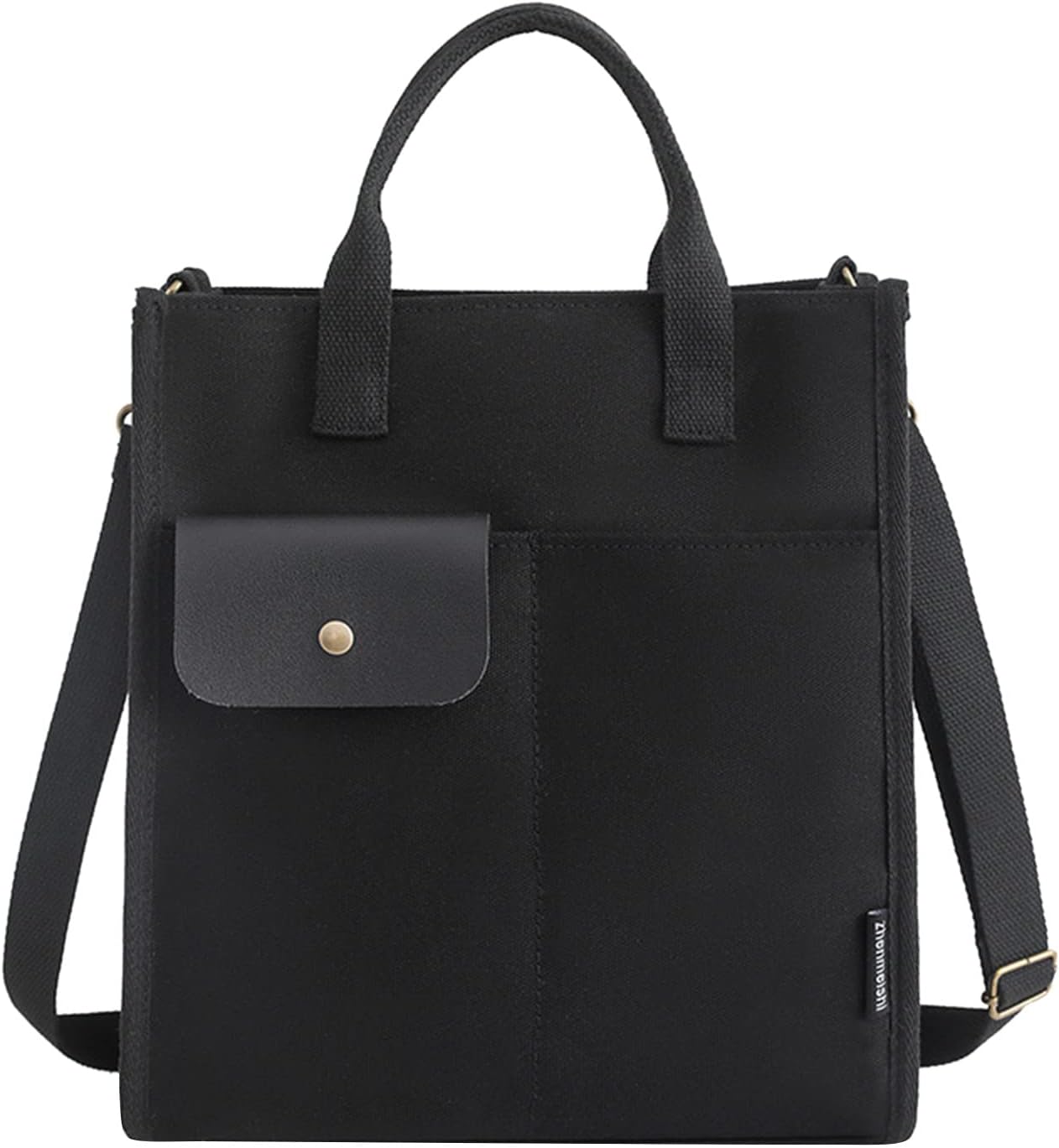 Borsa tote nera in tela con tasca frontale, manici e tracolla regolabile. Design elegante e funzionale, ideale per uso quotidiano e lavoro.