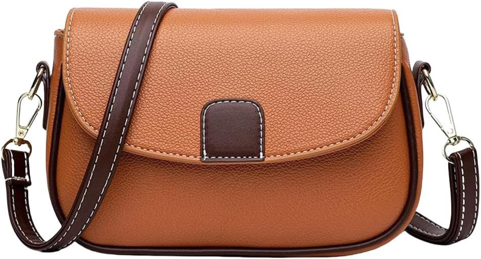Borsa a tracolla in pelle marrone chiaro con chiusura magnetica, dettagli cuciti e tracolla regolabile. Elegante accessorio moda donna.