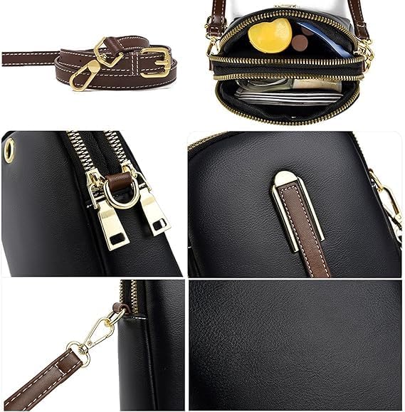 Borsa a tracolla in pelle nera con dettagli marroni, cerniere dorate, tasche multiple e tracolla regolabile. Elegante e funzionale per ogni occasione.
