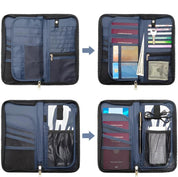 Portadocumenti da viaggio nero con scomparti multipli per passaporto, carte di credito, contanti e penne. Organizzatore compatto e funzionale.