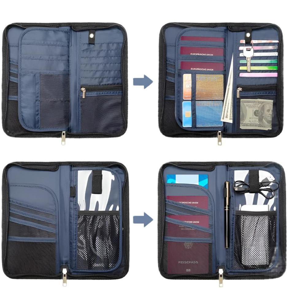 Portadocumenti da viaggio nero con scomparti multipli per passaporto, carte di credito, contanti e penne. Organizzatore compatto e funzionale.