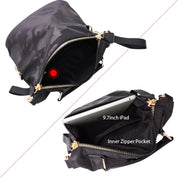 Borsa a tracolla nera in nylon con tasca interna con zip, adatta per iPad 9,7 pollici. Design elegante e funzionale, ideale per uso quotidiano.