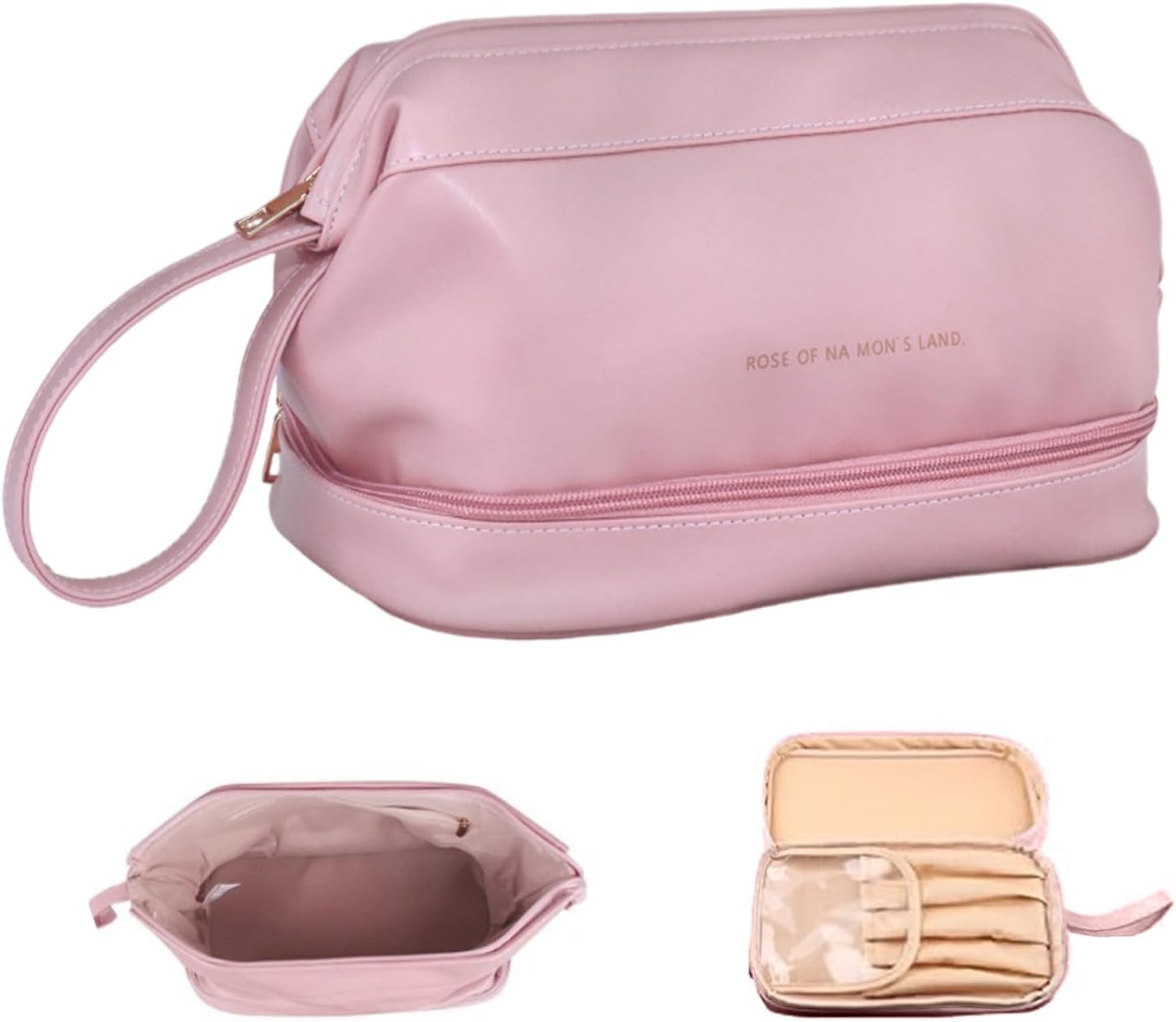 Borsa da toilette rosa in pelle sintetica con cerniera, manico laterale, scomparti interni, ideale per cosmetici e accessori da viaggio.