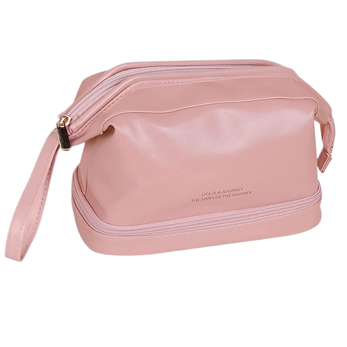 Borsa da toilette rosa in pelle sintetica con cerniera, manico laterale e scritta decorativa. Ideale per viaggi e organizzazione cosmetici.