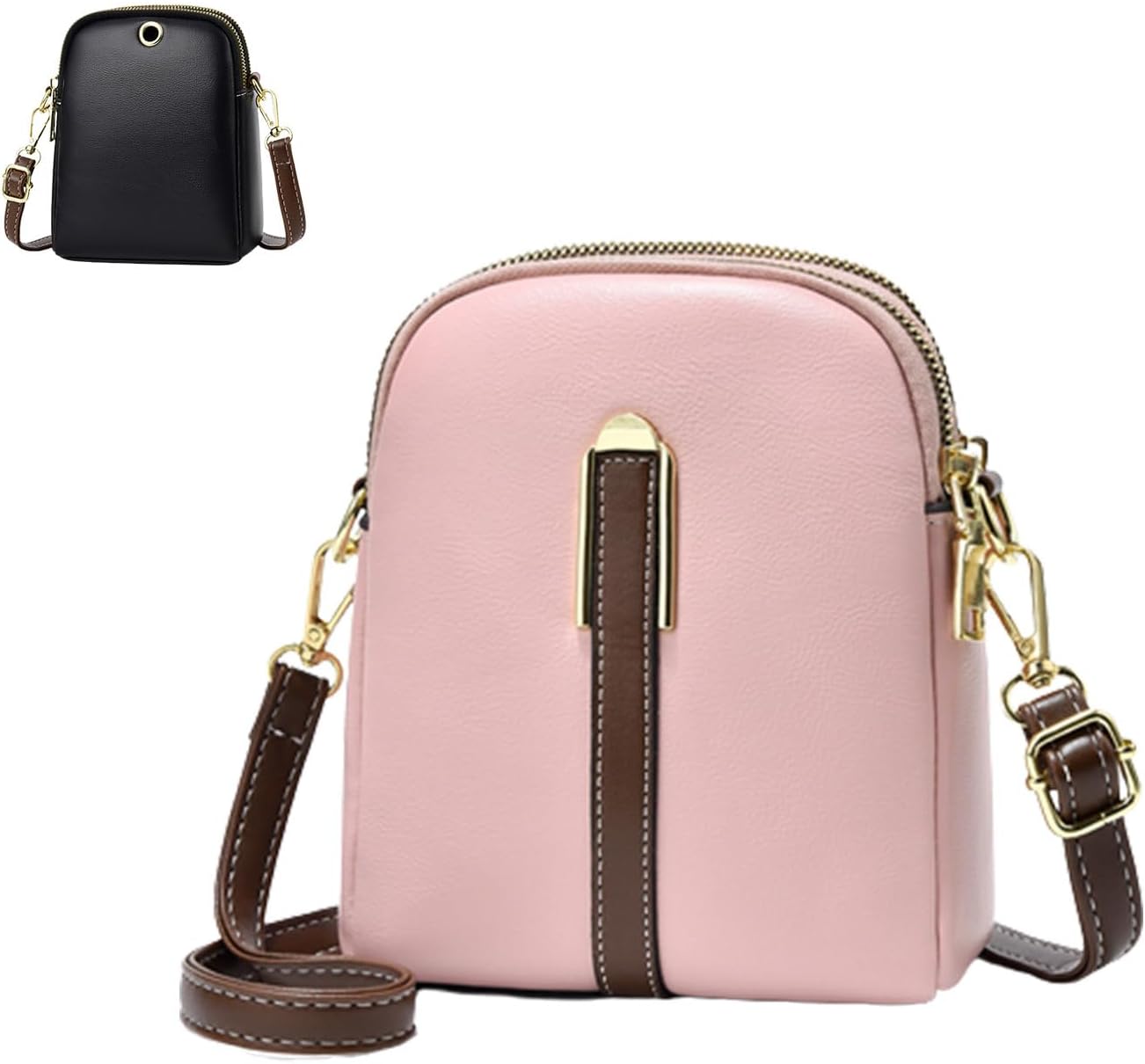 Borsa a tracolla in pelle rosa con dettagli marroni e cerniera dorata, design compatto, elegante e versatile. Include una piccola borsa nera.