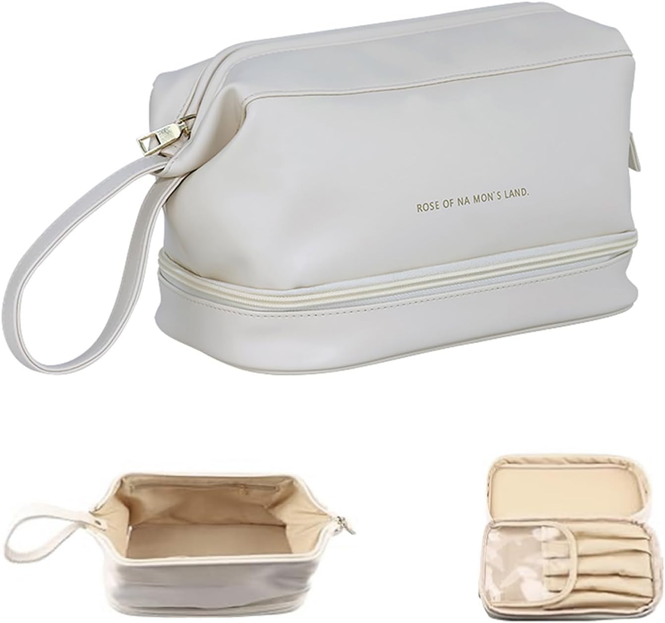 Borsa da toilette bianca in pelle sintetica con cerniera, manico laterale, scomparti interni spaziosi, ideale per viaggi e organizzazione cosmetici.