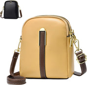 Borsa a tracolla in pelle beige con dettagli marroni e fibbia dorata, tasca frontale, chiusura a zip, design compatto. Inclusa mini borsa nera.