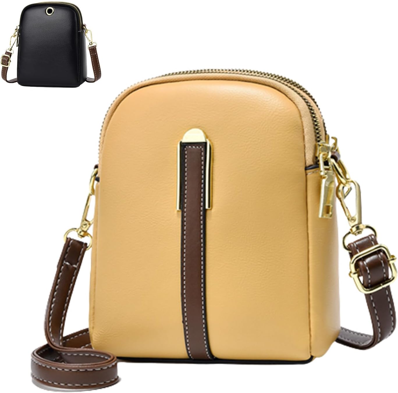 Borsa a tracolla in pelle beige con dettagli marroni e fibbia dorata, tasca frontale, chiusura a zip, design compatto. Inclusa mini borsa nera.
