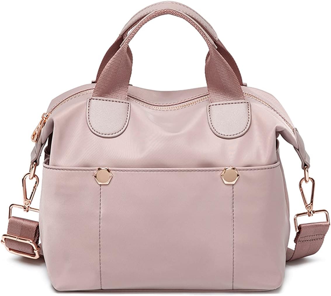Borsa a mano donna in nylon rosa, design elegante con manici e tracolla regolabile, dettagli in metallo dorato, ideale per moda e praticità.