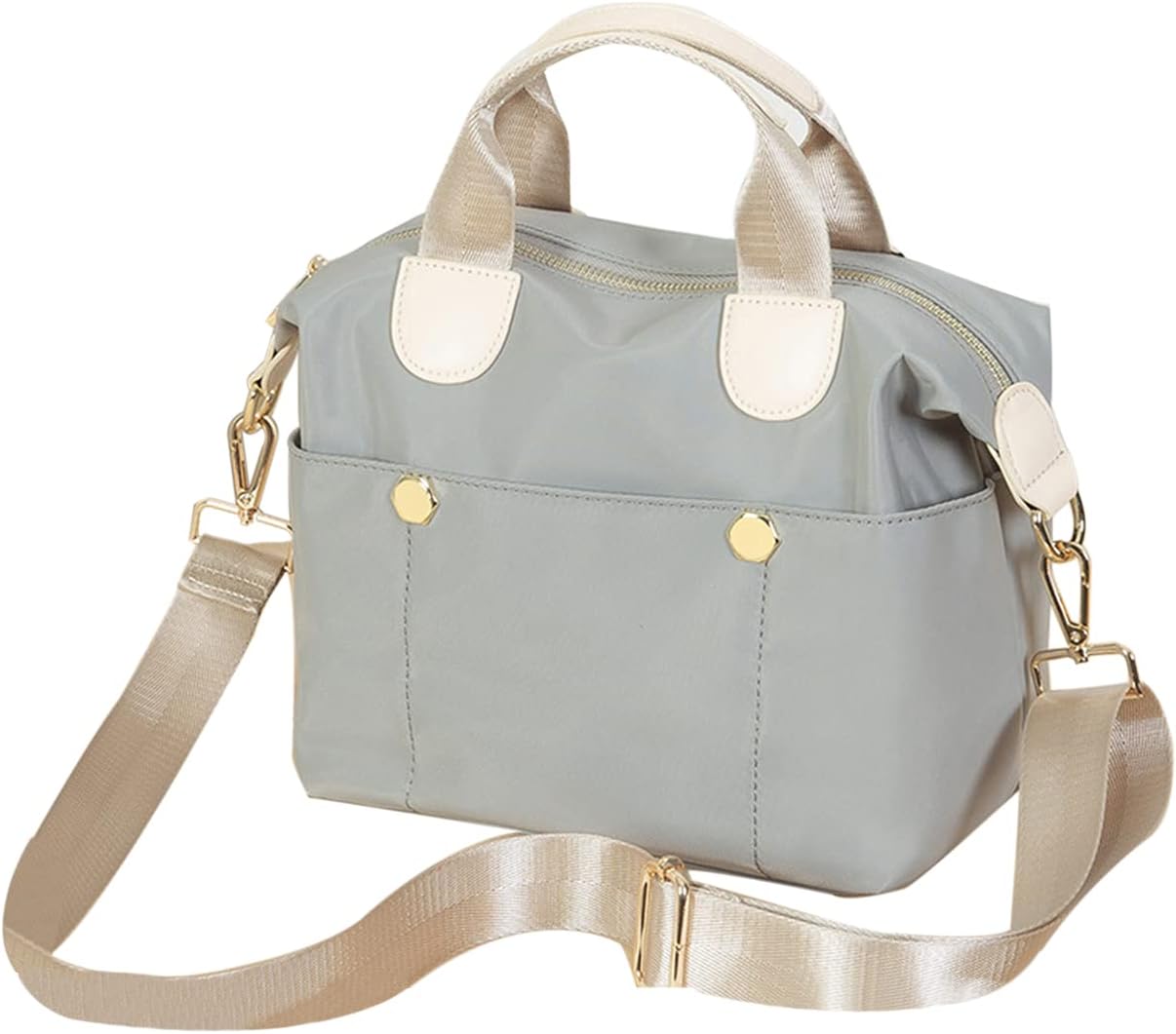 Borsa a tracolla grigia da donna in nylon impermeabile, con manici beige e dettagli dorati. Design elegante e pratico per uso quotidiano.