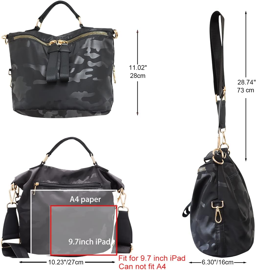 Borsa a tracolla mimetica nera, compatibile con iPad 9.7 pollici, non adatta per A4, dimensioni 28x27x16 cm, manico e tracolla regolabile.