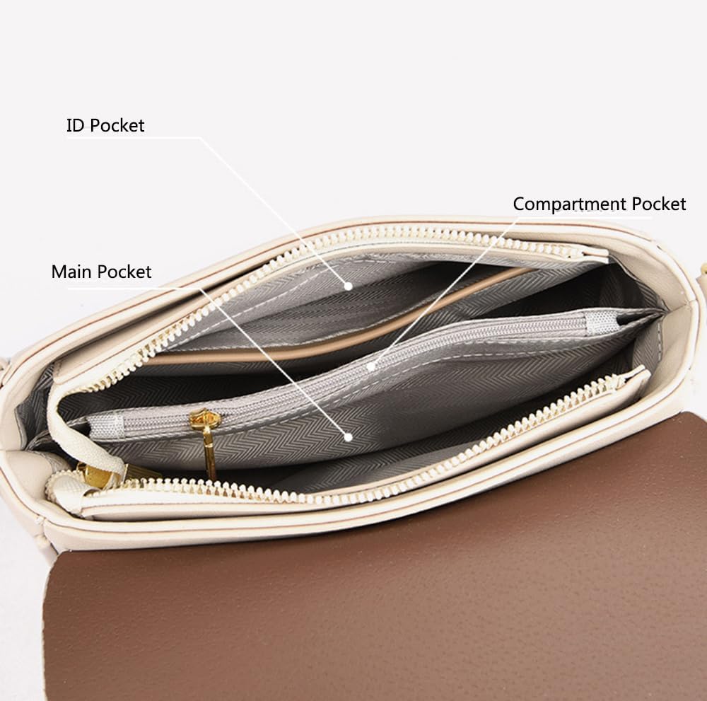 Borsa a tracolla in pelle marrone con tasche interne: tasca principale, tasca ID e tasca scomparto. Design elegante e funzionale per donna.