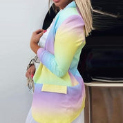 Giacca donna multicolore pastello, design sfumato, maniche lunghe, stile casual elegante, perfetta per moda primavera-estate.