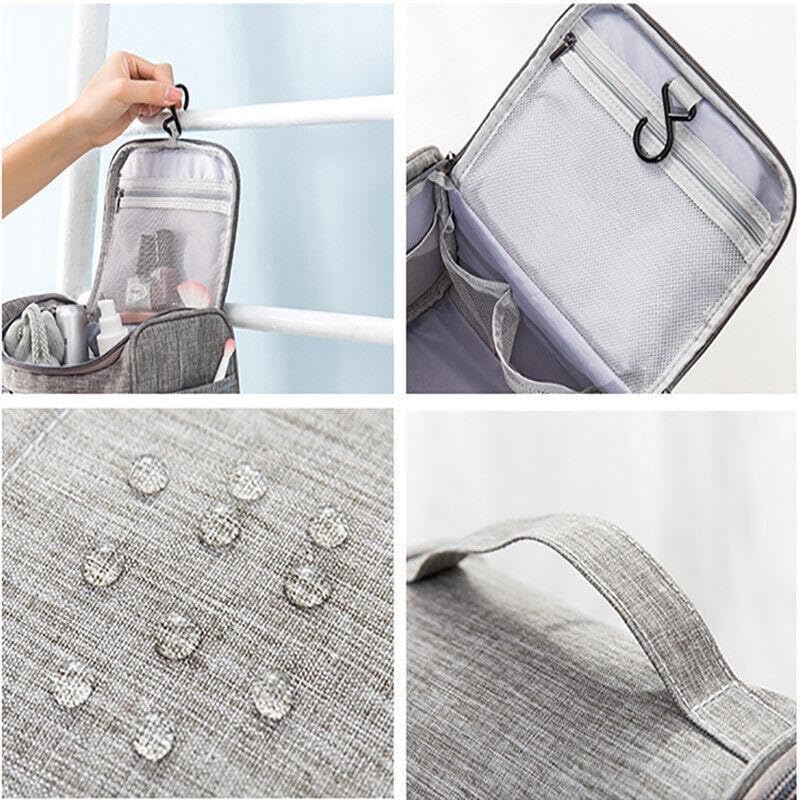 Borsa da viaggio impermeabile grigia con gancio, tasche multiple e manico. Ideale per organizzare cosmetici e accessori da bagno.