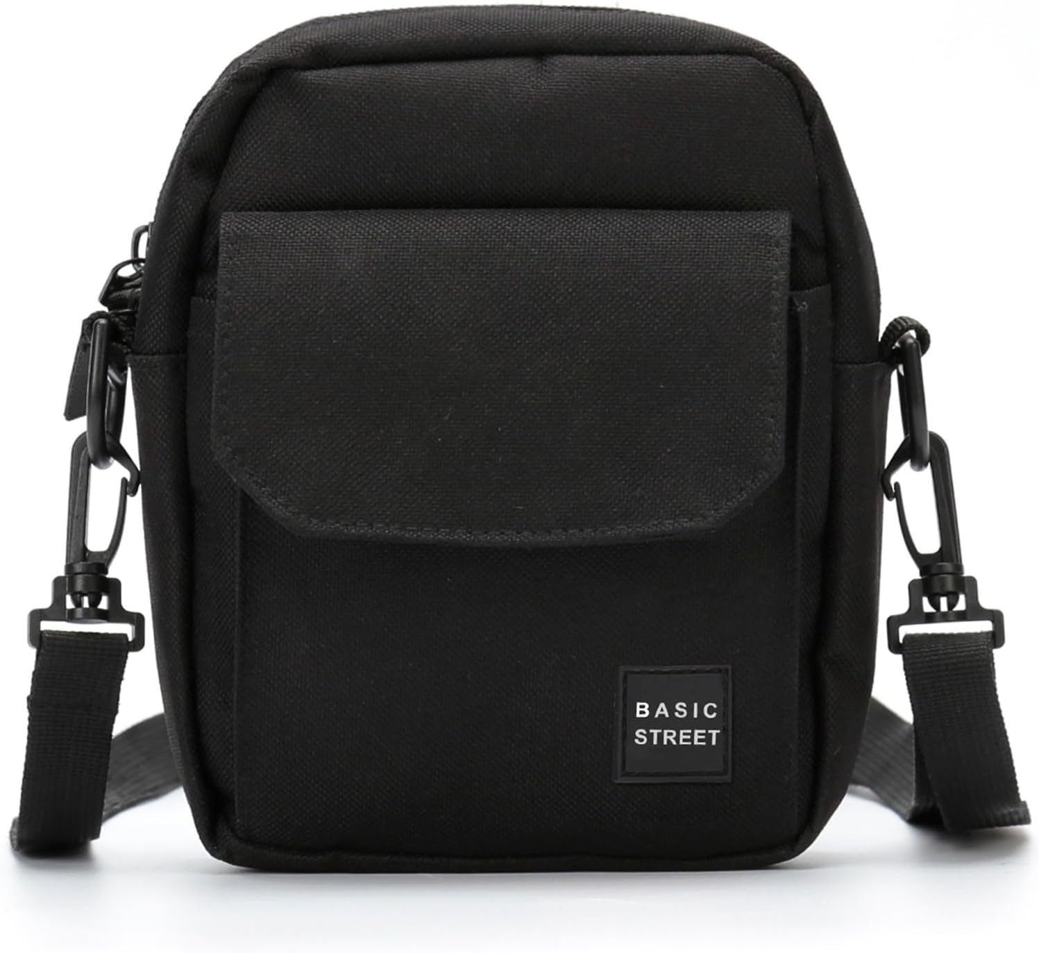 Borsa a tracolla nera Basic Street, design compatto, tasca frontale con patta, ideale per uomo e donna, perfetta per uso quotidiano e viaggi.