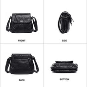 Borsa a tracolla in pelle nera, vista frontale, laterale, posteriore e inferiore. Design elegante, ideale per moda donna, accessorio versatile.