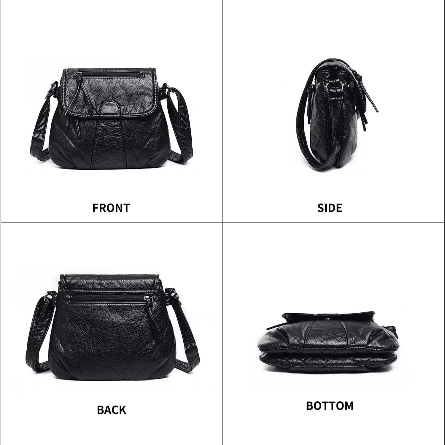 Borsa a tracolla in pelle nera, vista frontale, laterale, posteriore e inferiore. Design elegante, ideale per moda donna, accessorio versatile.