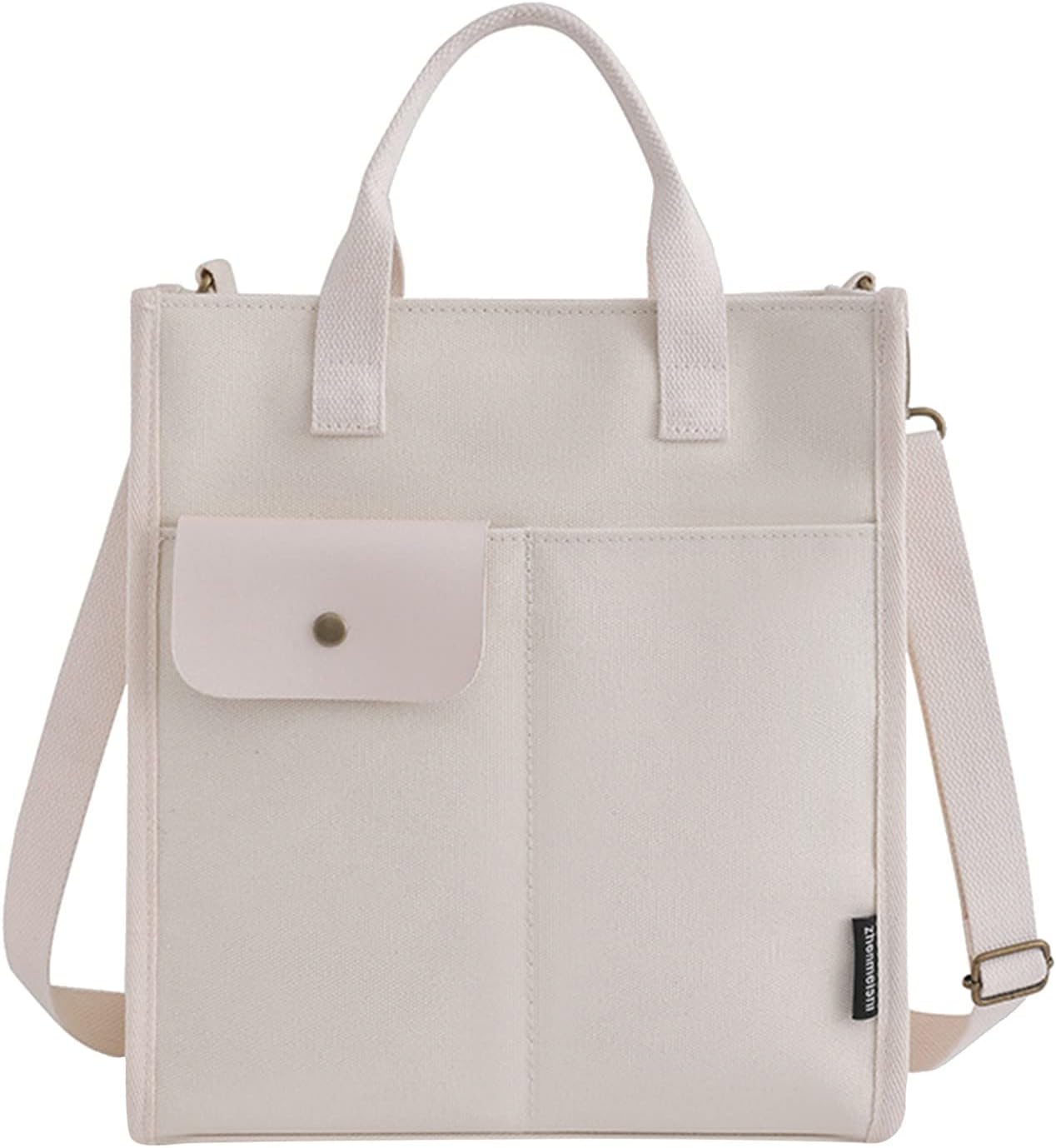Borsa tote in tela beige con tasca frontale, manici e tracolla regolabile. Design minimalista, ideale per shopping e uso quotidiano.