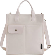 Borsa tote in tela beige con tasca frontale, manici e tracolla regolabile. Design minimalista, ideale per shopping e uso quotidiano.