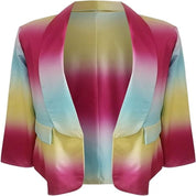 Giacca blazer multicolore sfumata, design aperto, maniche lunghe, tonalità rosa, giallo e azzurro, moda donna elegante e moderna.