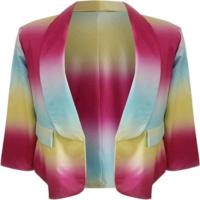 Giacca blazer multicolore sfumata, design aperto, maniche lunghe, tonalità rosa, giallo e azzurro, moda donna elegante e moderna.