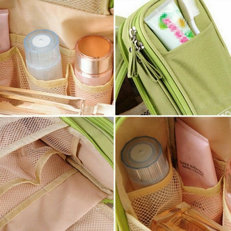 Borsa organizer da viaggio verde con scomparti per cosmetici, flaconi e accessori. Ideale per organizzare trucchi e prodotti da bagno.