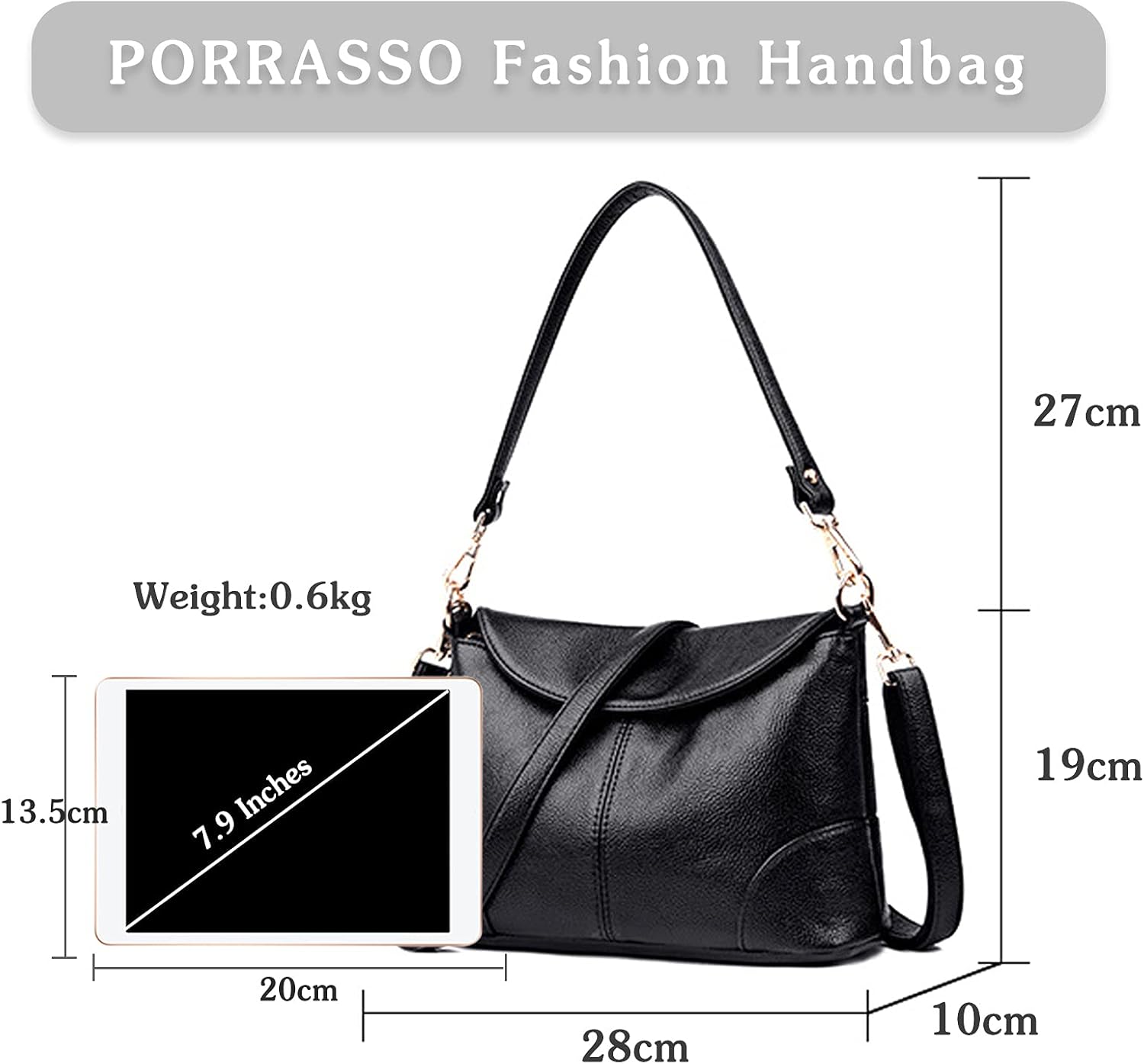 Borsa a tracolla nera in pelle PU, dimensioni 28x13.5x19 cm, con manico regolabile, design elegante, leggera 0.6 kg, ideale per moda femminile.