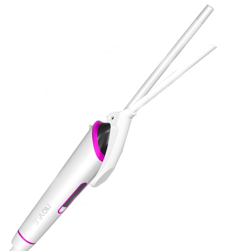 Arricciacapelli bianco e rosa, design ergonomico, doppia pinza, ideale per styling capelli ricci. Strumento professionale per acconciature.