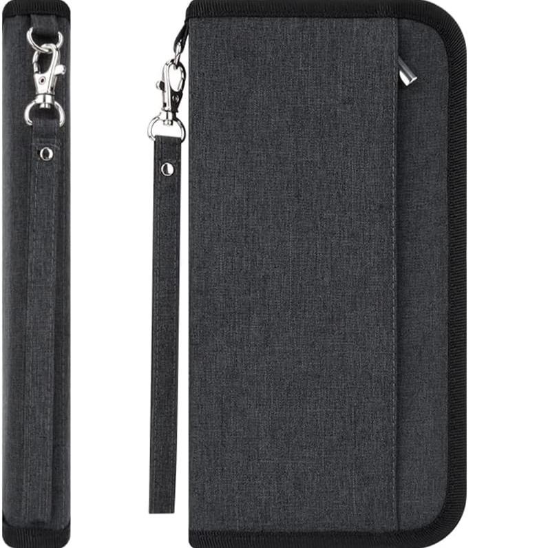 Custodia portafoglio in tessuto grigio scuro con cerniera e cinturino rimovibile, design elegante e funzionale per smartphone e accessori.