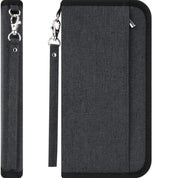 Custodia portafoglio in tessuto grigio scuro con cerniera e cinturino rimovibile, design elegante e funzionale per smartphone e accessori.