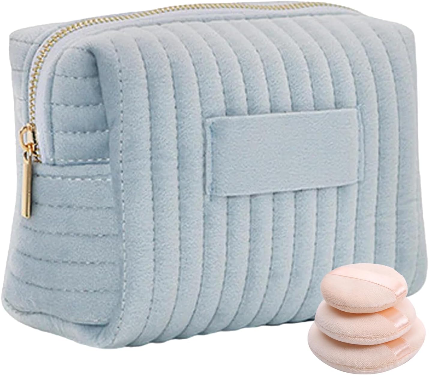 Astuccio cosmetico in velluto grigio con cerniera dorata, design trapuntato, include tre spugnette trucco. Accessorio elegante per make-up.