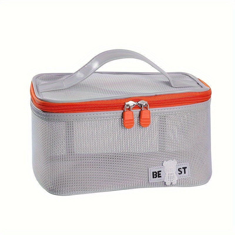 Borsa cosmetica trasparente con cerniera arancione, manico superiore, design a rete, ideale per viaggi, organizzazione trucco e accessori.