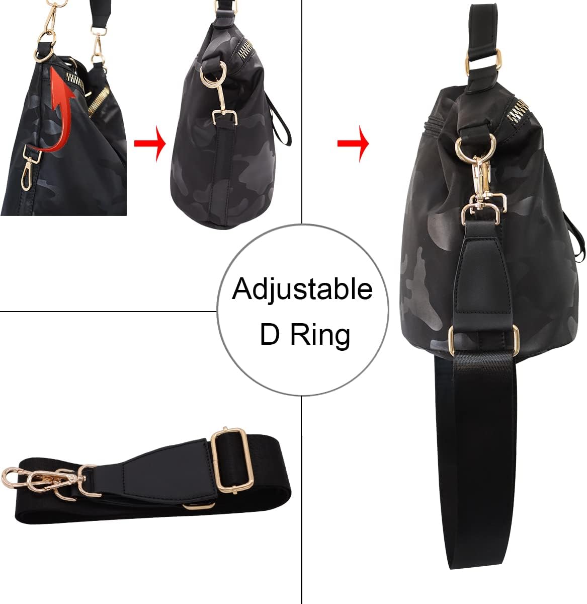Borsa a tracolla nera con motivo mimetico, anello a D regolabile, tracolla staccabile, fibbie dorate. Accessorio moda versatile e funzionale.