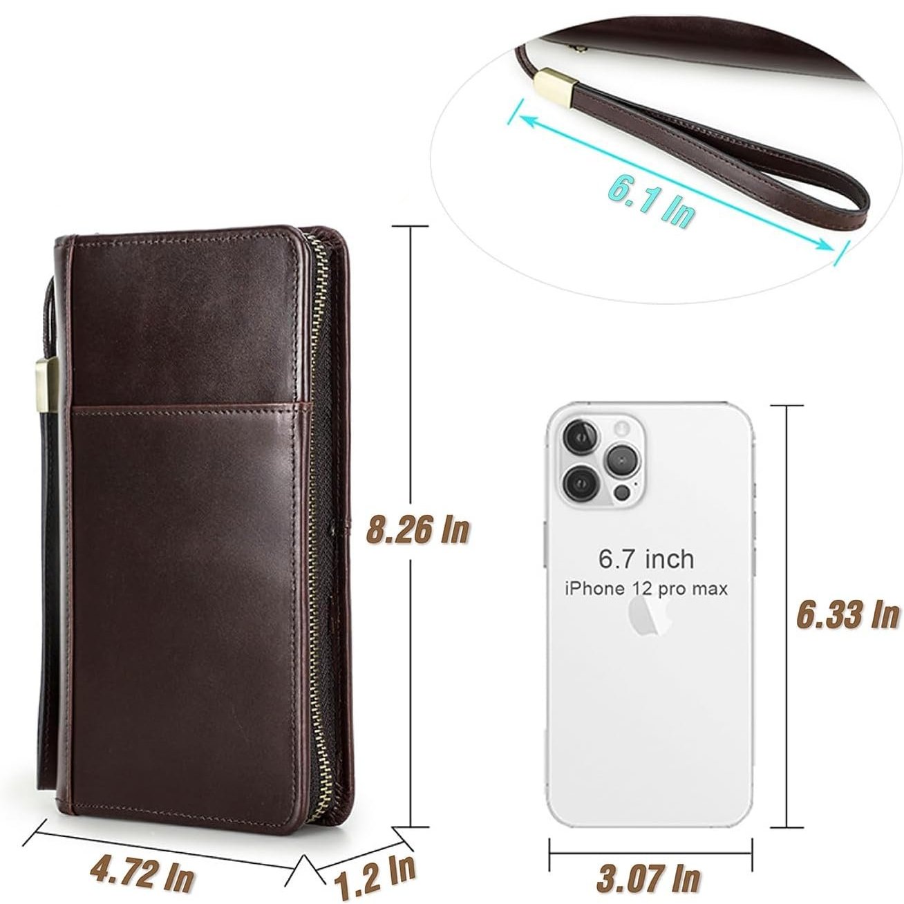 Custodia portafoglio in pelle marrone per iPhone 12 Pro Max, con cinturino da polso, tasca con zip, dimensioni 8,26x4,72x1,2 pollici.