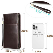 Custodia portafoglio in pelle marrone per iPhone 12 Pro Max, con cinturino da polso, tasca con zip, dimensioni 8,26x4,72x1,2 pollici.