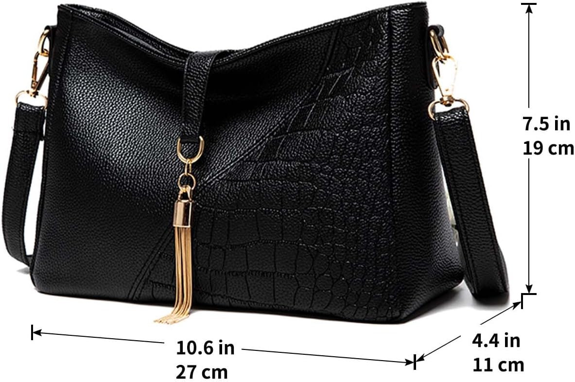 Borsa a tracolla nera in pelle sintetica con motivo coccodrillo, decorazione a nappa dorata, dimensioni 27x11x19 cm, elegante e versatile.