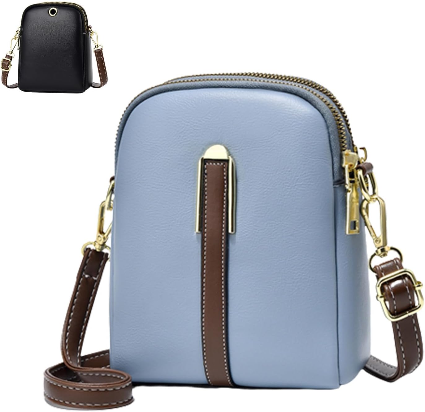 Borsa a tracolla in pelle PU blu con dettagli marroni e cerniera dorata, design compatto, ideale per moda donna. Disponibile anche in nero.