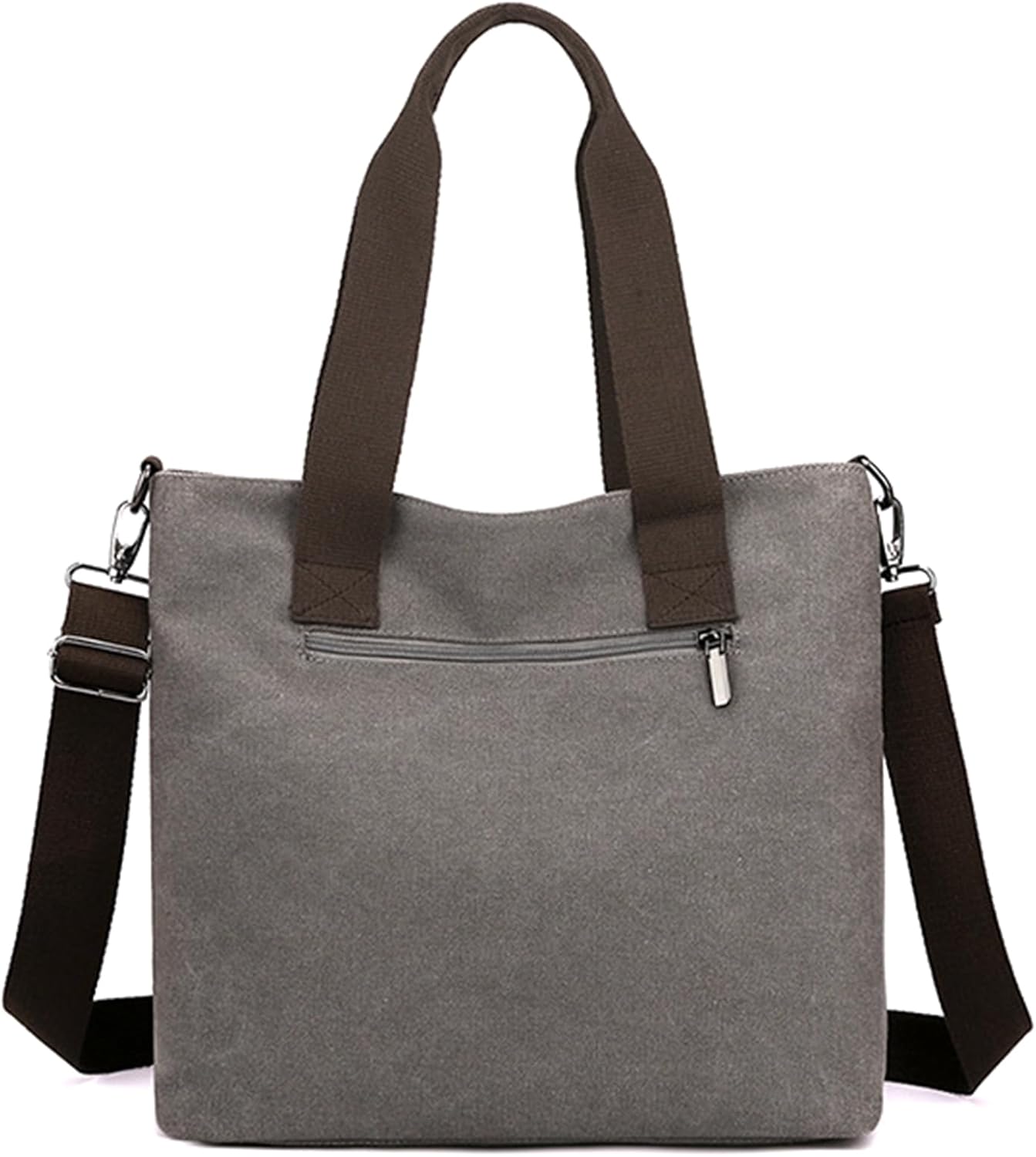 Borsa a tracolla in tela grigia con manici marroni, tasca frontale con zip, design casual, ideale per uso quotidiano e shopping.
