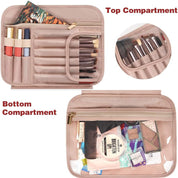 Astuccio organizer per trucchi in pelle beige con scomparti per pennelli, rossetti e cosmetici. Ideale per viaggio e uso quotidiano.