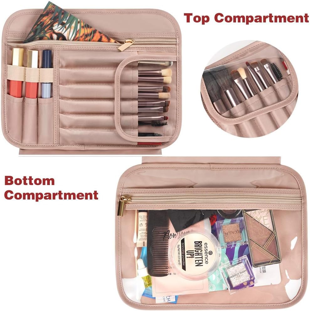 Astuccio organizer per trucchi in pelle beige con scomparti per pennelli, rossetti e cosmetici. Ideale per viaggio e uso quotidiano.