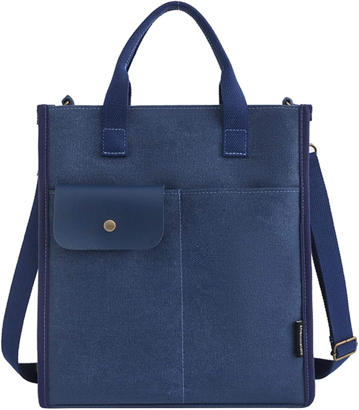 Borsa tote blu in tela con tasca frontale e tracolla regolabile, design elegante e funzionale, ideale per lavoro e tempo libero.